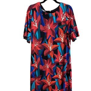 Tommy Bahama Red Tropical Lily Print Short Sleeve Dress L Tencel/Nylon Blend